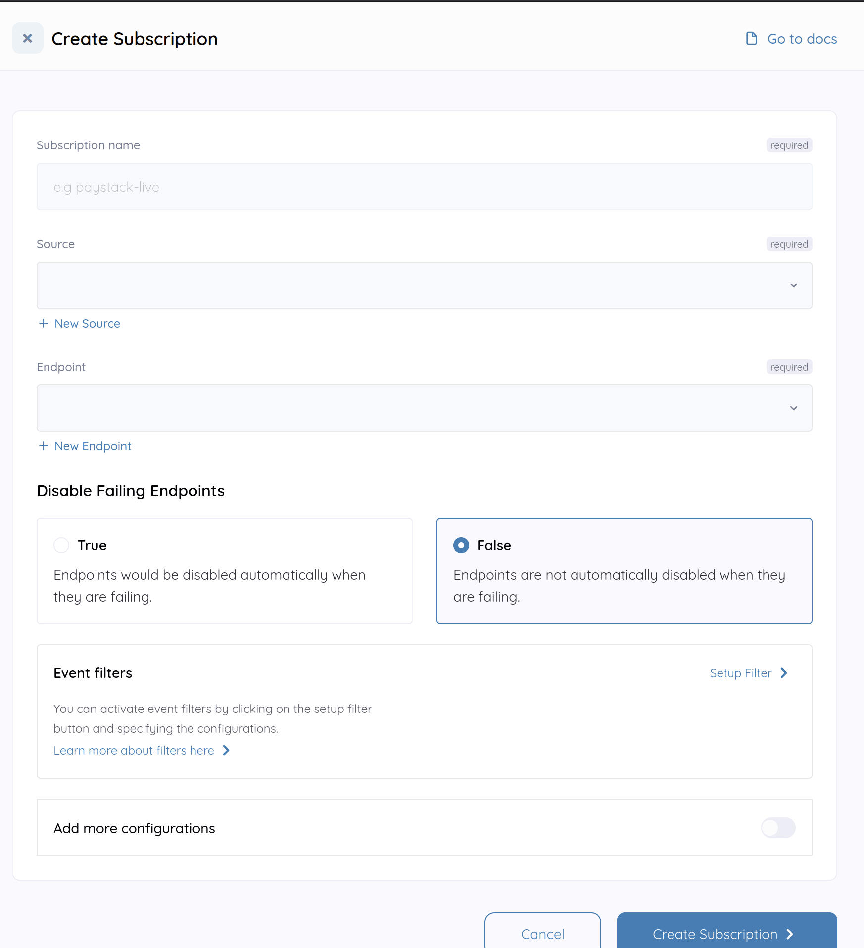 Create Subscription form with filter card