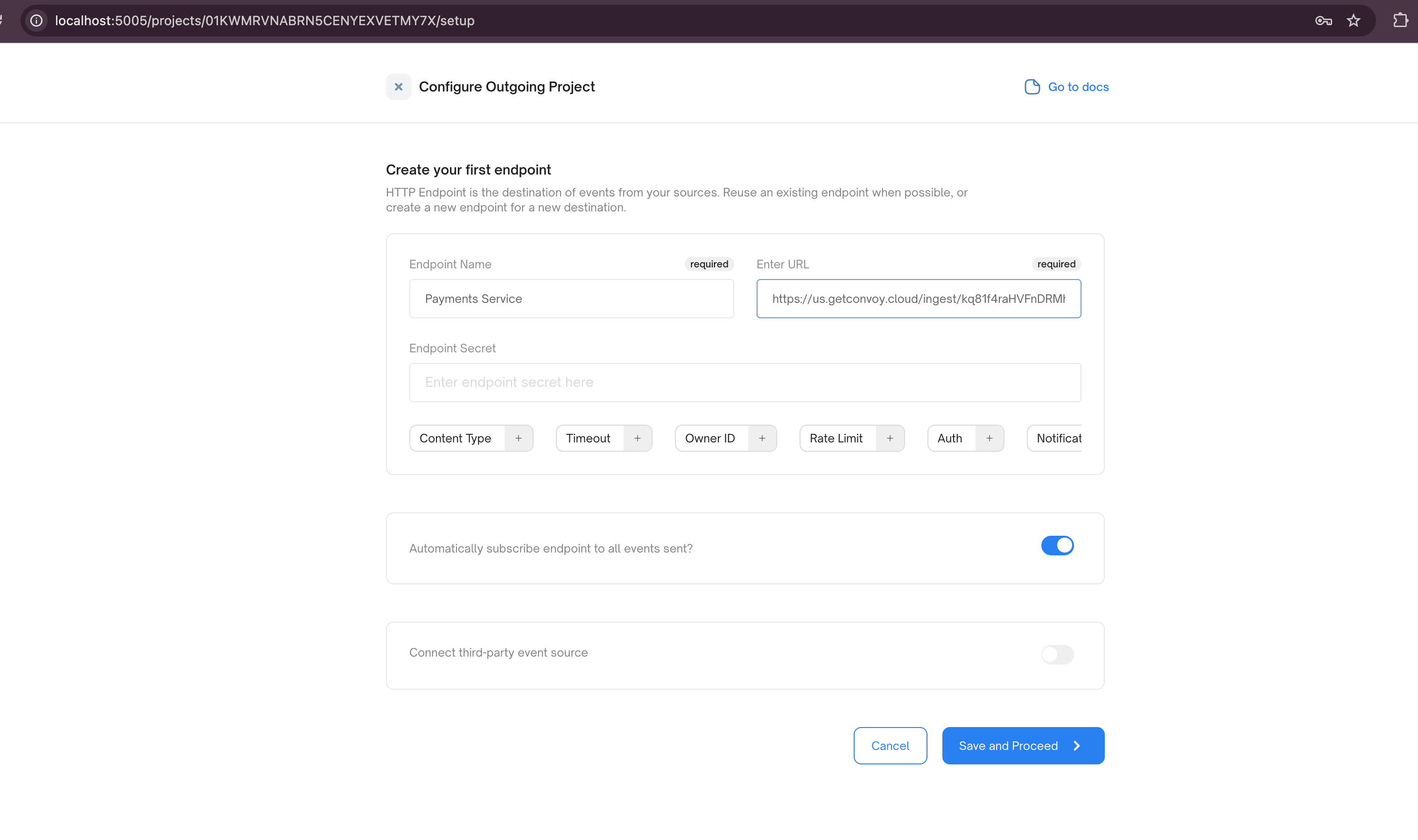 Creating a new endpoint using Convoy Playground