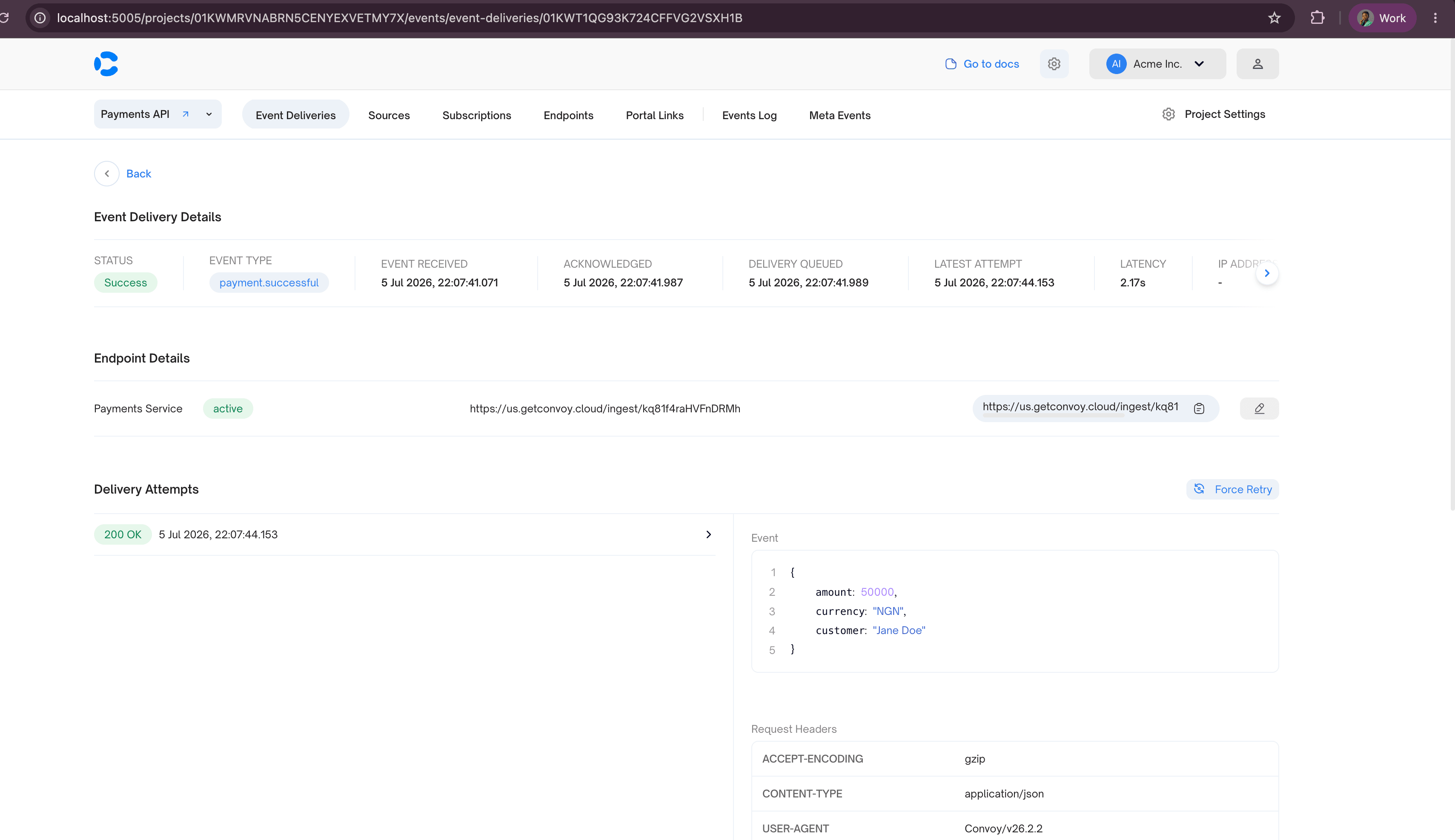 The payment.successful webhook received in Convoy Playground