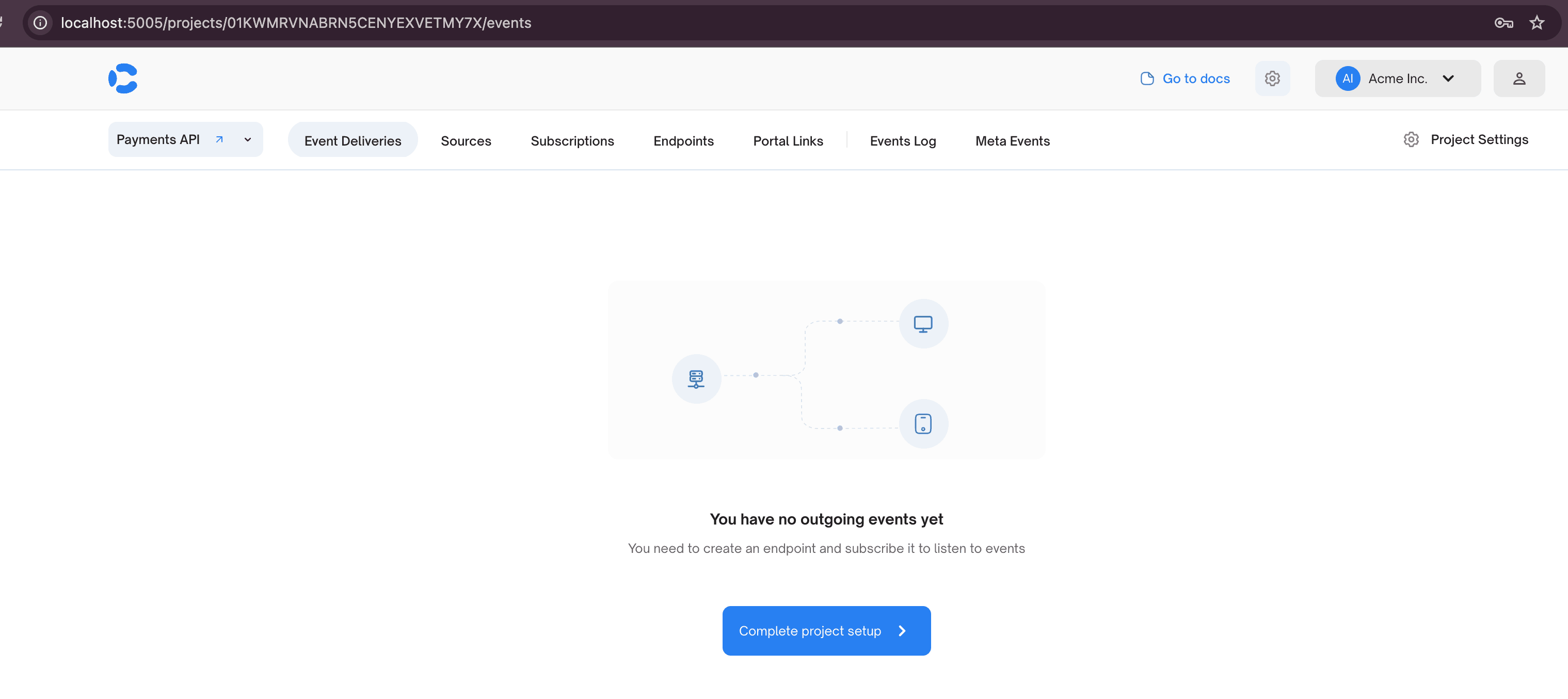 The newly created project dashboard