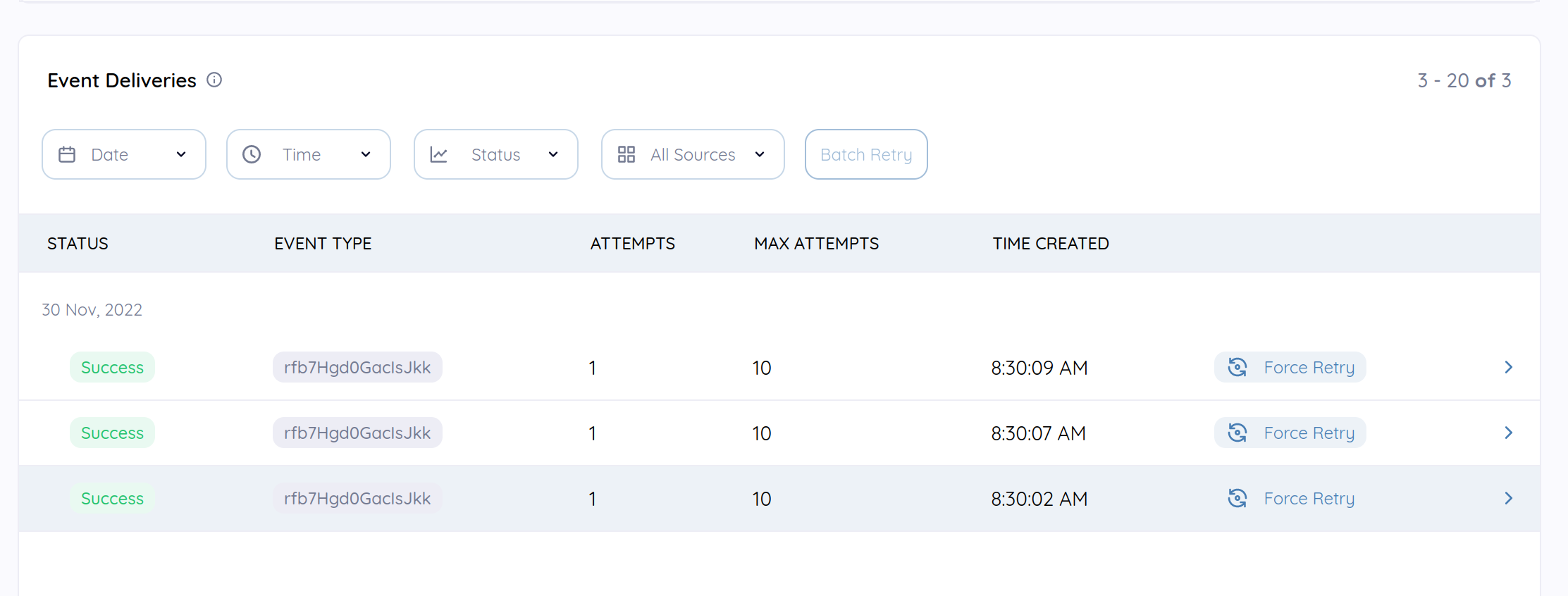 Event deliveries table showing the three matched events