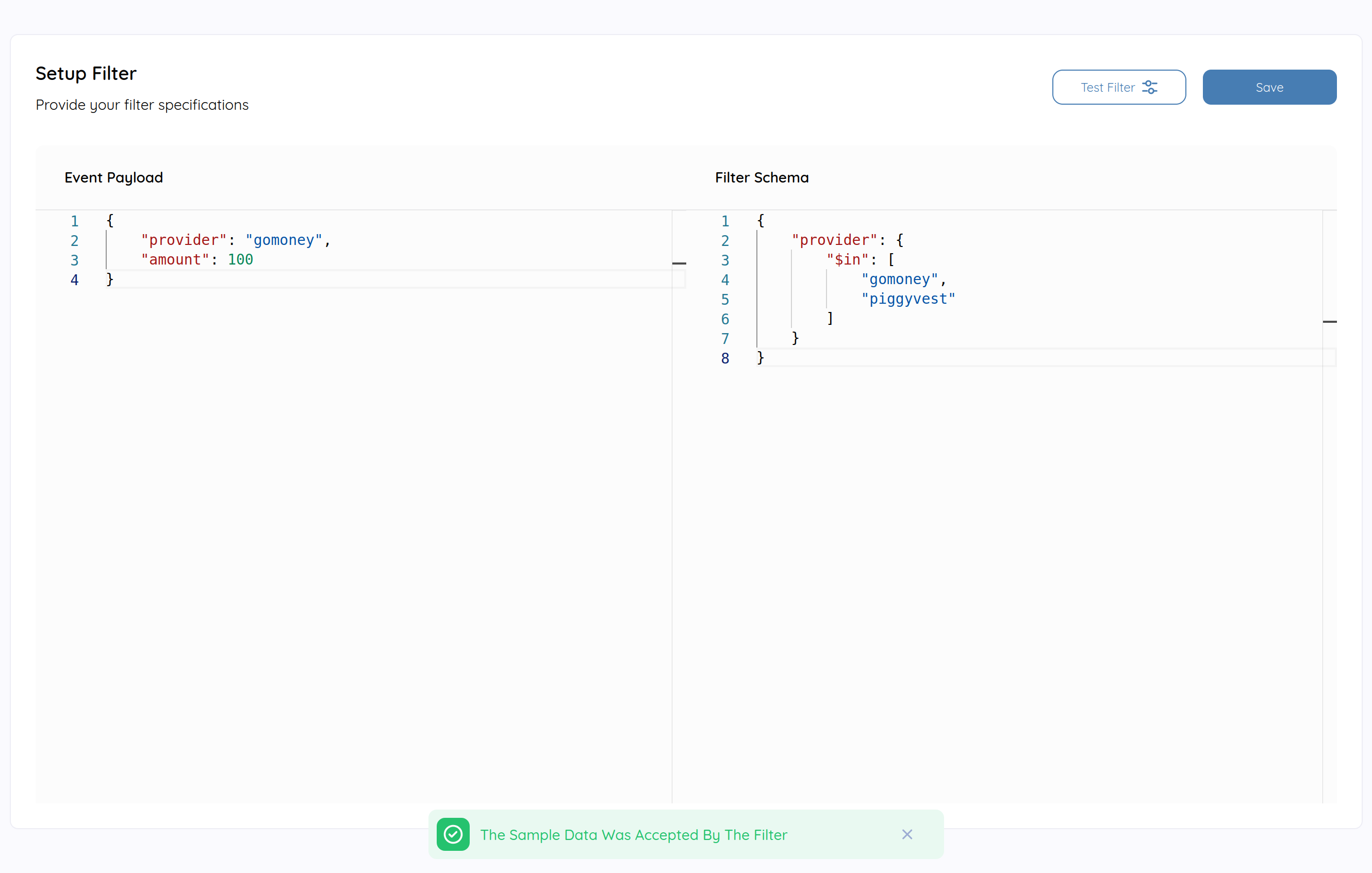 Filter with sample event payload